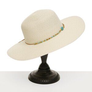 Paper Raffia Hat Cream White Gemstone Accent Brim Pool Beach Cruise Summer NWT